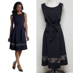 Jones NY Black Lace Fit & Flare Dress Sleeveless Pleated Skirt Lace Overlay 16W